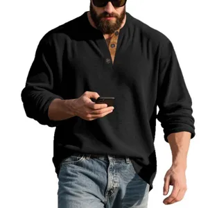 Camisa Henley Hombre Manga Larga Casual Tejido Waffle Retro Botones Tops Casuals