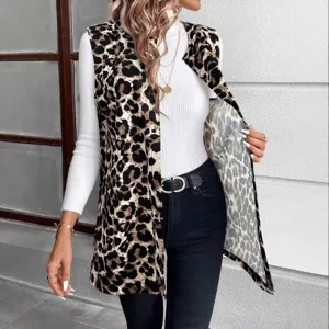 Elegante chaleco sin mangas con estampado de leopardo para mujer cárdigan abierto casual