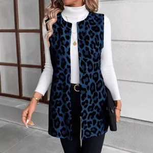 Elegante chaleco sin mangas con estampado de leopardo azul para mujer, abrigo casual.