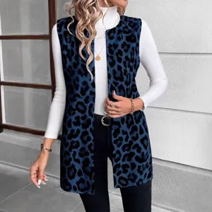 Chaleco sin mangas con estampado de leopardo azul casual de moda para mujer otoño invierno