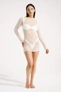 White sheer knitted beach dress, sexy short knit mini dress for women vacation.