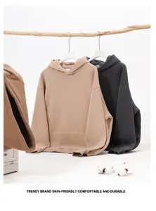 Winter heavy plush hooded pullover sweatshirt, loose casual design, stylish and warm daily wear.