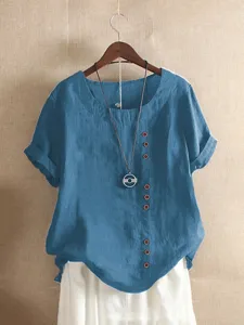 Dames casual katoen linnen korte mouw top losse ronde hals asymmetrische knoppen blouse