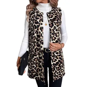 Elegante chaleco abierto con estampado de leopardo para mujer, prenda exterior casual sin mangas.
