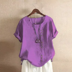 Dames linnen katoen korte mouw blouse casual losse top met mooie halsketting detail.