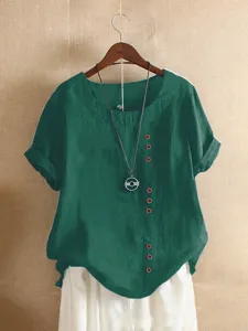 Casual losse linnen katoenen korte mouw blouse plus size top detailweergave hier.