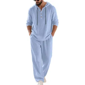 Men casual linen hooded henley shirt and matching long pants set in light blue color.