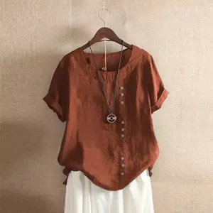 Casual oversized katoen linnen korte mouw dames blouse met asymmetrische knopen detailweergave