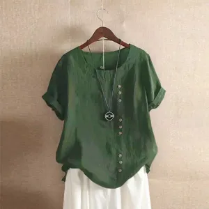 Details van casual dames groene linnen korte mouw blouse met asymmetrische knopen comfortabel.