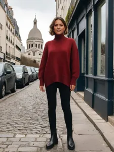 Femme automne hiver pull ample col haut rouge chic décontracté manches longues tricot.