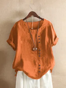 Casual dames katoen linnen korte mouw blouse met knopen, losse oversized top voor de zomer.