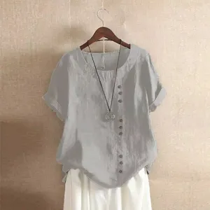 Grijs linnen katoenen korte mouw blouse detail, casual losse top met decoratieve knopen.