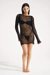 Sexy black knit sheer long sleeve mini dress, perfect for beachwear and summer outfits.