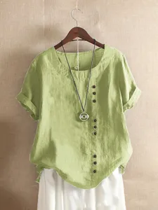 Losse linnen top voor dames in grote maat, mooie casual korte mouw blouse met knopen.