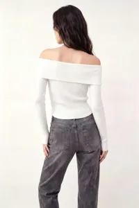 Donna top in maglia costine spalle scoperte vestibilità slim maniche lunghe maglione