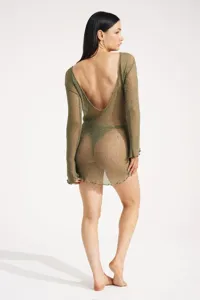 Sexy sheer knit beach dress for women, long sleeve open back short slip cover up dress.