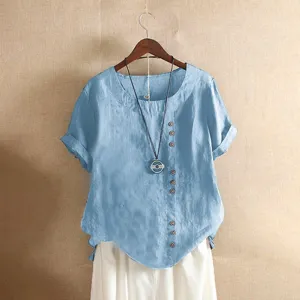 Dames Casual Losse Katoenmix T-Shirt Effen Kleur Korte Mouw Ronde Hals Patchwork Top Dagelijks Basis Kleding