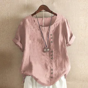 Vrouwen casual losse linnen korte mouw blouse grote maat ronde hals zomer topjes