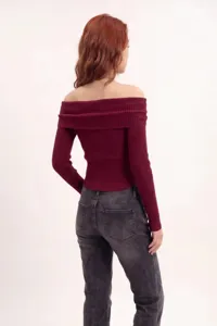 Elegante top a costine con spalle scoperte da donna a maniche lunghe slim fit casual