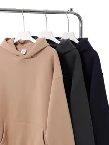 Men's heavy fleece-lined hooded sweatshirt, loose casual streetwear pullover in solid colors.