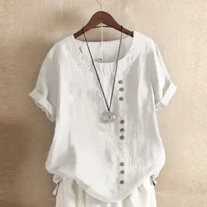 Casual losse katoenen en linnen damesblouse, comfortabele zomerse top met korte mouwen.