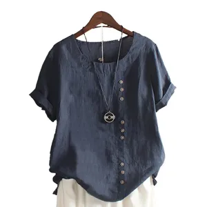 Casual dames korte mouw linnen blouse effen kleur losse grote maat top voor dagelijkse zomerkleding.