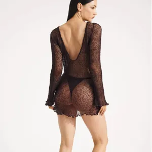 Women's Sexy See-Through Hollow Out Knit Beach Dress Long Sleeve Crew Neck Bodycon Short Dress Summer Clubwear