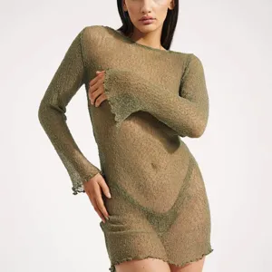 Women sheer knit mini dress sexy long sleeve beach cover up bodycon dress olive