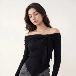 Top in maglia a costine con spalle scoperte stile francese con elegante fiocco moda.
