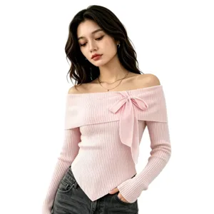 Maglione a costine sottili francese con spalle scoperte e fiocco in rete per donne vista principale.