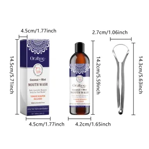 Oralhoe coconut mint mouthwash set with tongue scraper, 100ml oral care detail size guide.