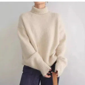 Pull-over en Tricot de Laine Ample et Décontracté à Col Roulé Épais pour Femmes Hiver Manches Longues Haut Uni Basique