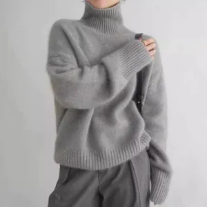 Pull femme col roulé épais en tricot ample décontracté mode automne hiver gris haut