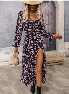 Women floral long sleeve slit dress, stylish square neck maxi dress for spring fashion wear.