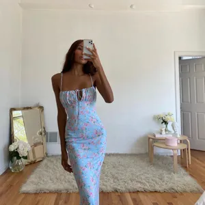 Women blue floral print spaghetti strap midi dress casual slim fit ruched long dress
