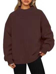 Damen langarm Stehkragen Oversize brauner Sweatshirt Freizeit Fleece Pullover Oberteil