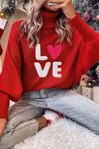 Women Christmas Turtleneck Sweater Loose Batwing Sleeve Red Knitted Pullover Top