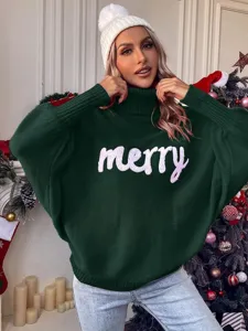 Christmas turtleneck sweater women loose batwing long sleeve green knit pullover top.