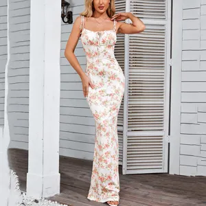 Women floral spaghetti strap bodycon long dress casual sexy sleeveless backless maxi dress