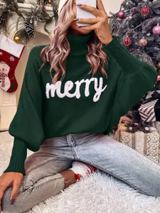 Women Christmas Green Turtleneck Batwing Sleeve Sweater with Merry Letter Knit Pullover Top