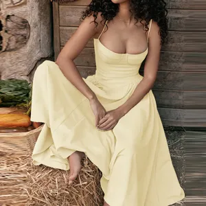 Women French vintage elegant butter yellow spaghetti strap midi dress, summer chic outfit.