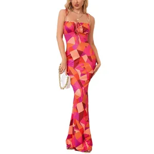 Women geometric print maxi dress sleeveless backless bodycon spaghetti strap long dress new