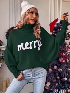 Christmas turtleneck sweater for women, cozy loose batwing sleeve knit top in dark green.