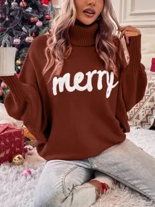 Women Christmas Turtleneck Batwing Sleeve Knit Sweater Brown Winter Pullover Top
