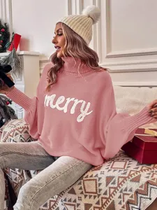 Womens pink turtleneck Christmas sweater, loose batwing sleeve knit pullover top.