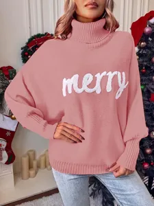 Pink turtleneck knit sweater with merry lettering, cozy winter batwing sleeve top for women.