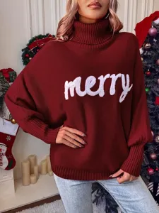 Christmas turtleneck sweater for women, cozy loose batwing sleeve knit top with merry text.