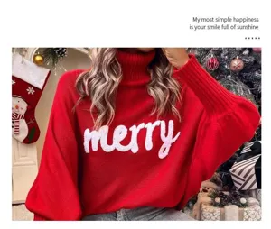 Red turtleneck Christmas sweater detail, loose batwing sleeve knitwear top style.