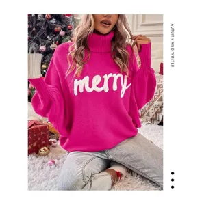 Women's pink turtleneck knit sweater with merry letter, cozy autumn winter batwing top.