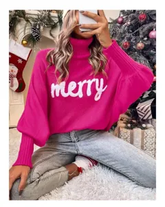 Warm Casual Women Christmas Turtleneck Sweater Pink Batwing Sleeve Knit Pullover Tops